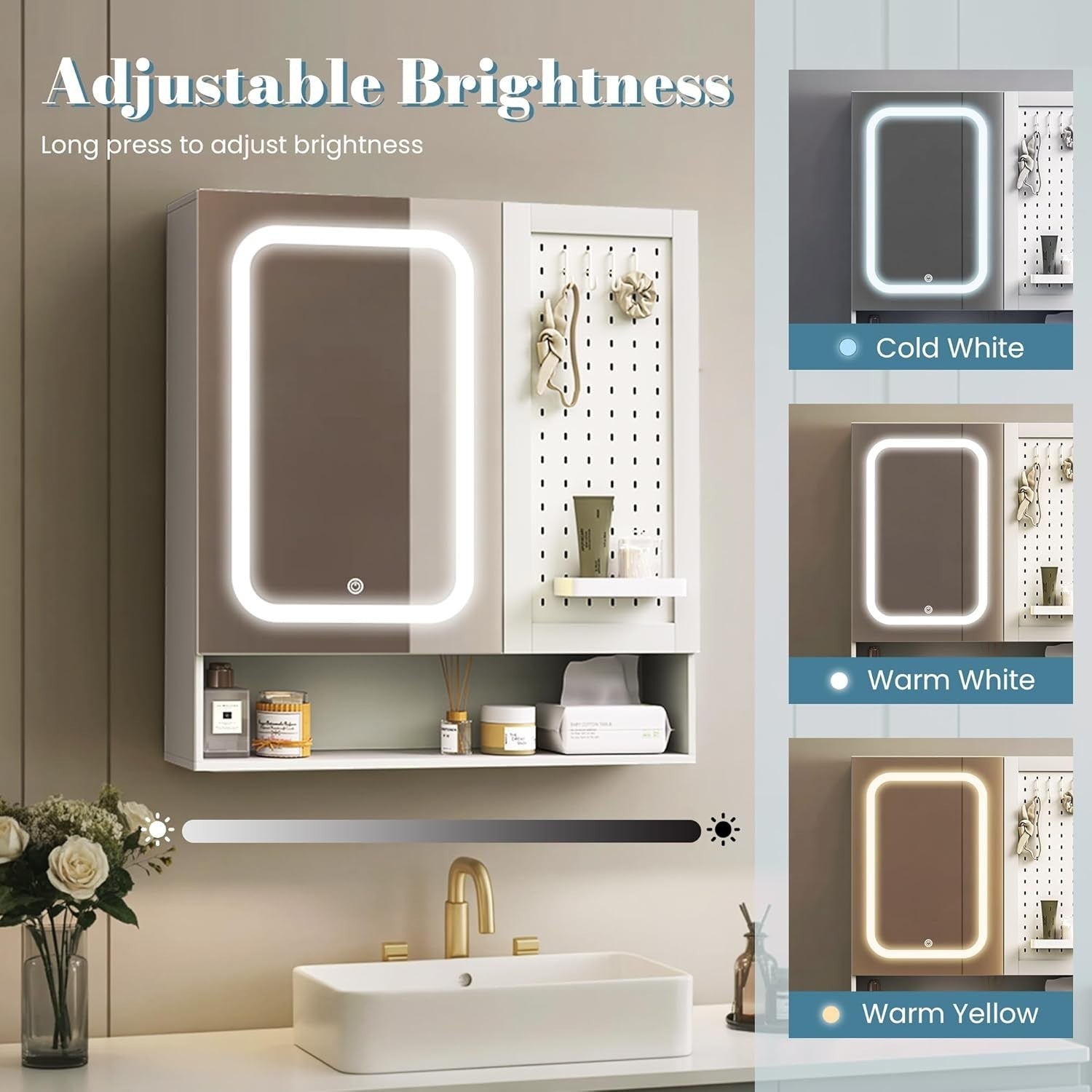 LED Bathroom Mirror Cabinet with Pegboard & Adjustable Shelves, 70x75cm - Kwikley
