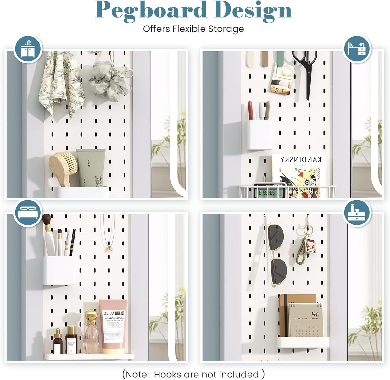 LED Bathroom Mirror Cabinet with Pegboard & Adjustable Shelves, 70x75cm - Kwikley