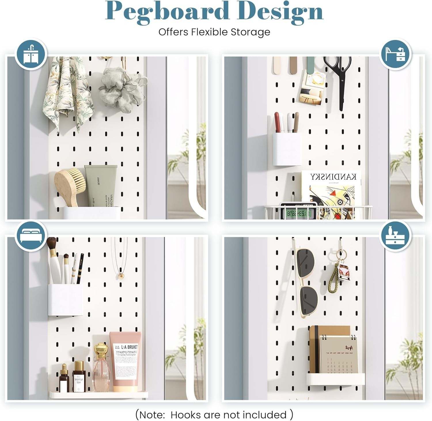 LED Bathroom Mirror Cabinet with Pegboard & Adjustable Shelves, 70x75cm - Kwikley