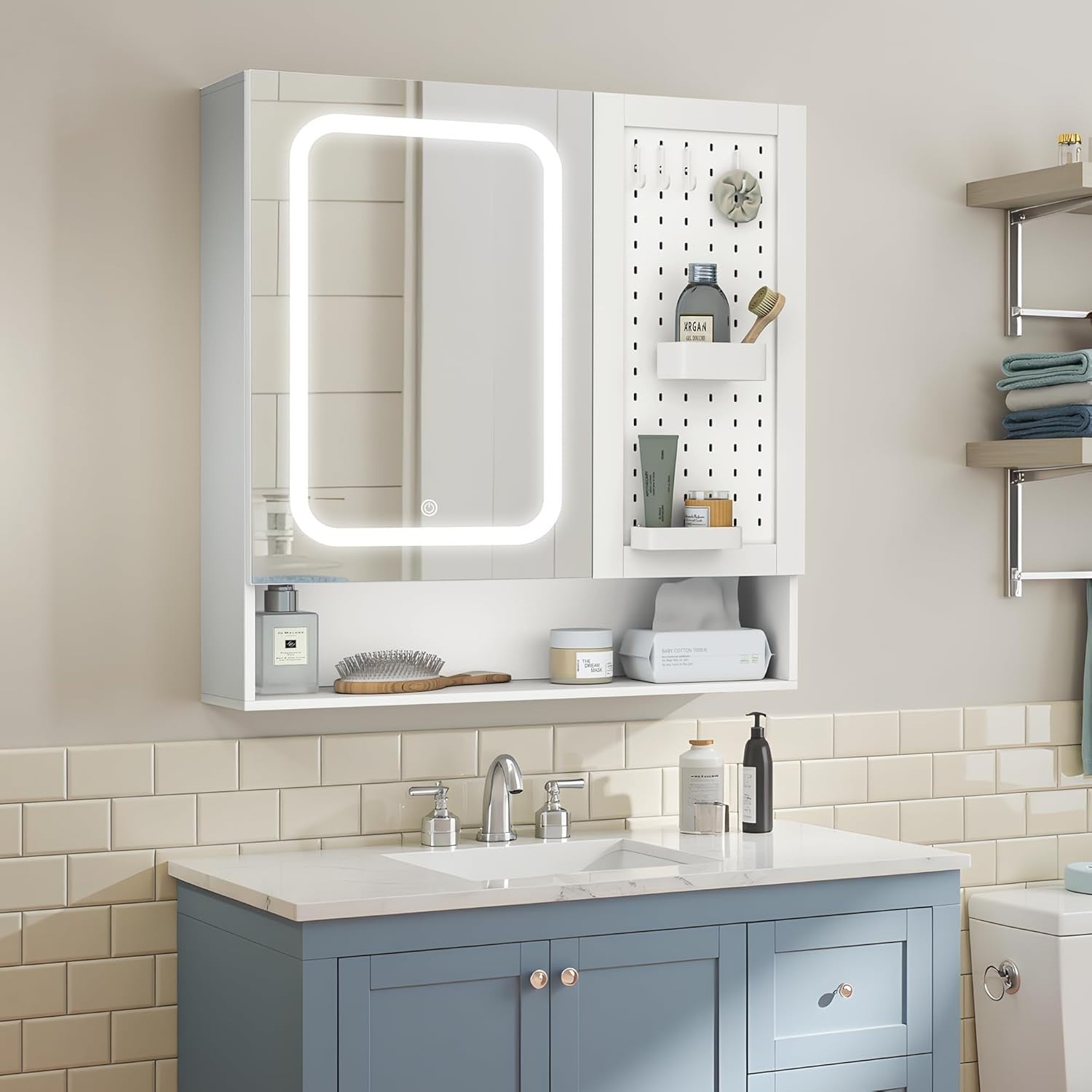 LED Bathroom Mirror Cabinet with Pegboard & Adjustable Shelves, 70x75cm - Kwikley