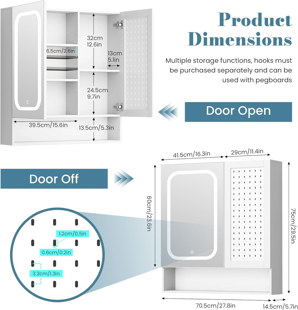 LED Bathroom Mirror Cabinet with Pegboard & Adjustable Shelves, 70x75cm - Kwikley