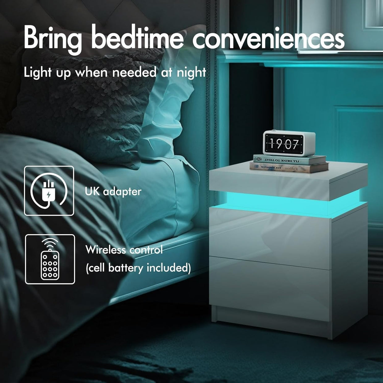 LED Bedside Table with 2 Drawers & RGB Lights | Modern High Gloss Nightstand - Kwikley