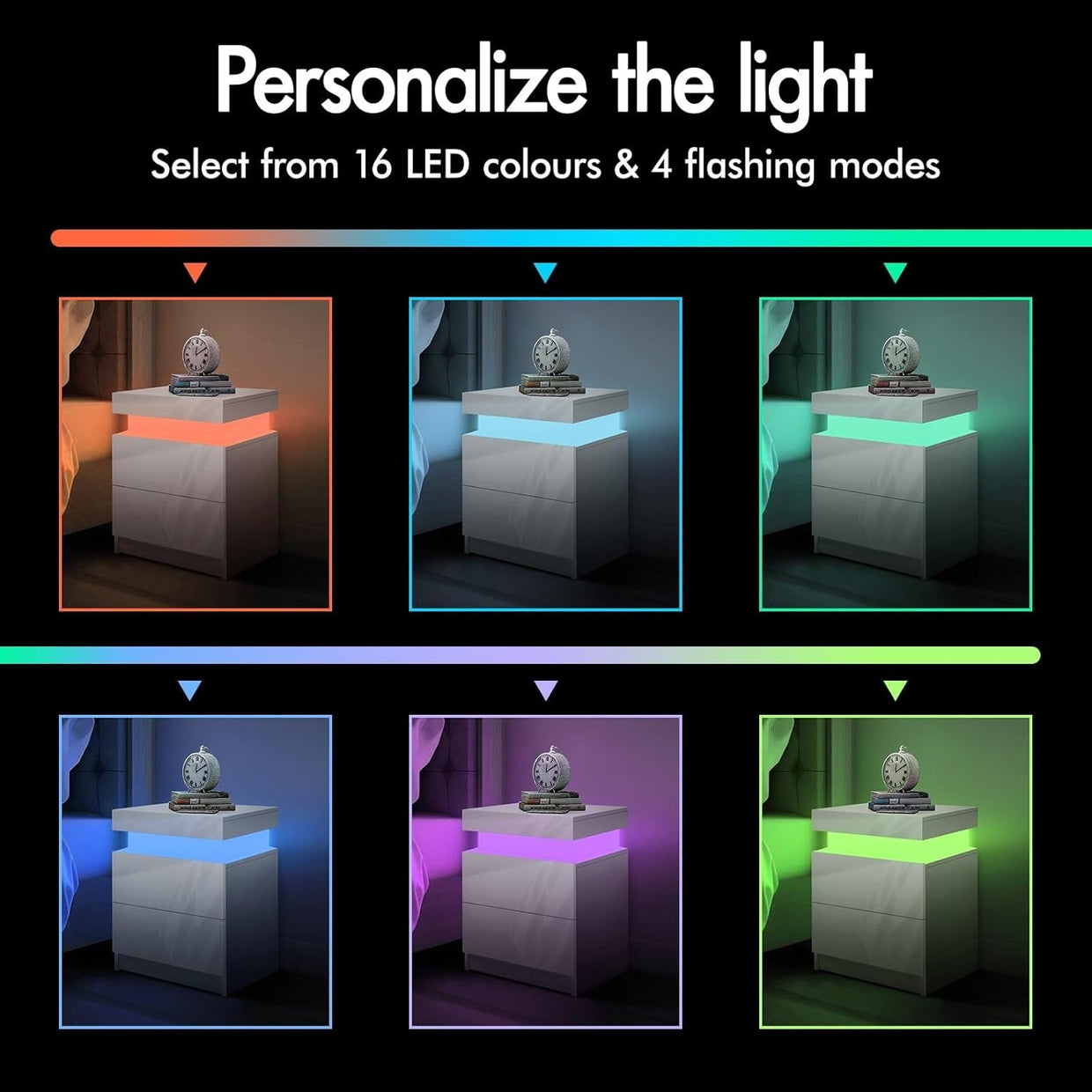 LED Bedside Table with 2 Drawers & RGB Lights | Modern High Gloss Nightstand - Kwikley