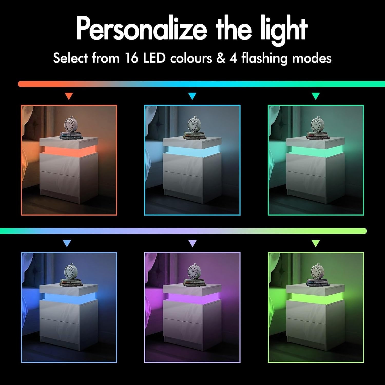 LED Bedside Table with 2 Drawers & RGB Lights | Modern High Gloss Nightstand - Kwikley