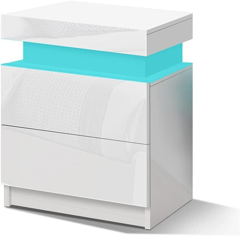 LED Bedside Table with 2 Drawers & RGB Lights | Modern High Gloss Nightstand - Kwikley