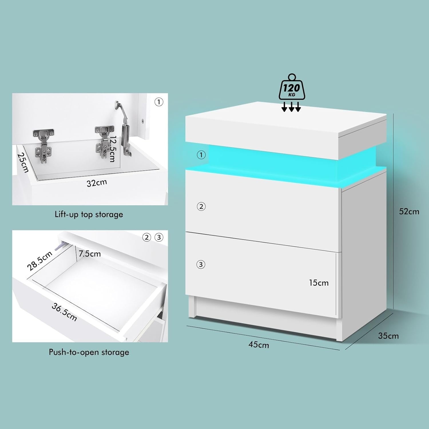 LED Bedside Table with 2 Drawers & RGB Lights | Modern High Gloss Nightstand - Kwikley