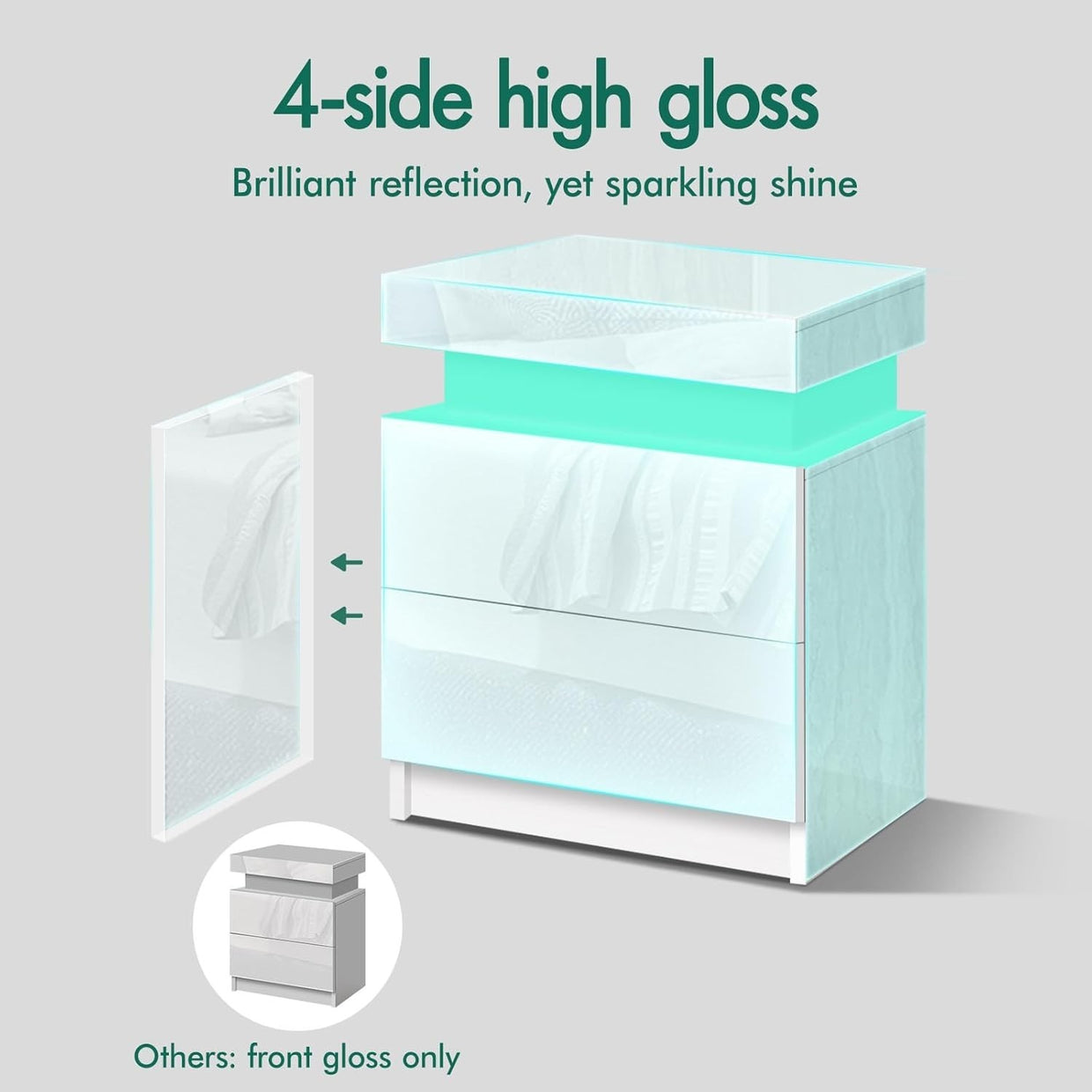 LED Bedside Table with 2 Drawers & RGB Lights | Modern High Gloss Nightstand - Kwikley