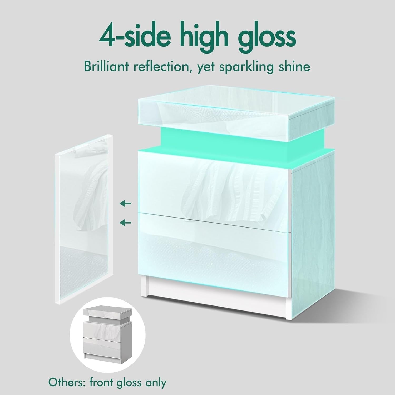 LED Bedside Table with 2 Drawers & RGB Lights | Modern High Gloss Nightstand - Kwikley