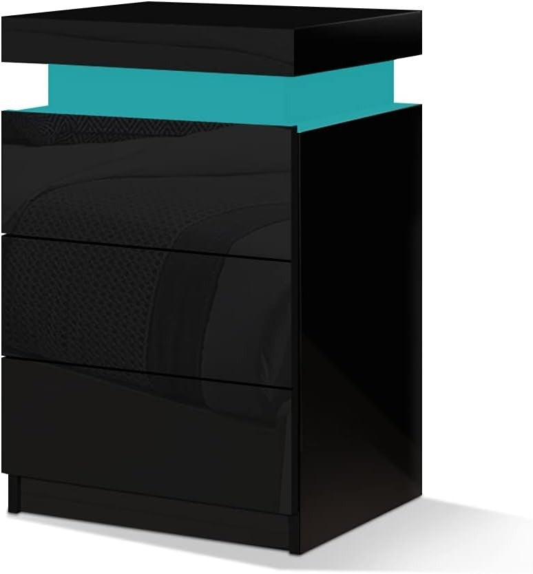LED Bedside Table with 3 Drawers & RGB Lights | Modern Black - Kwikley