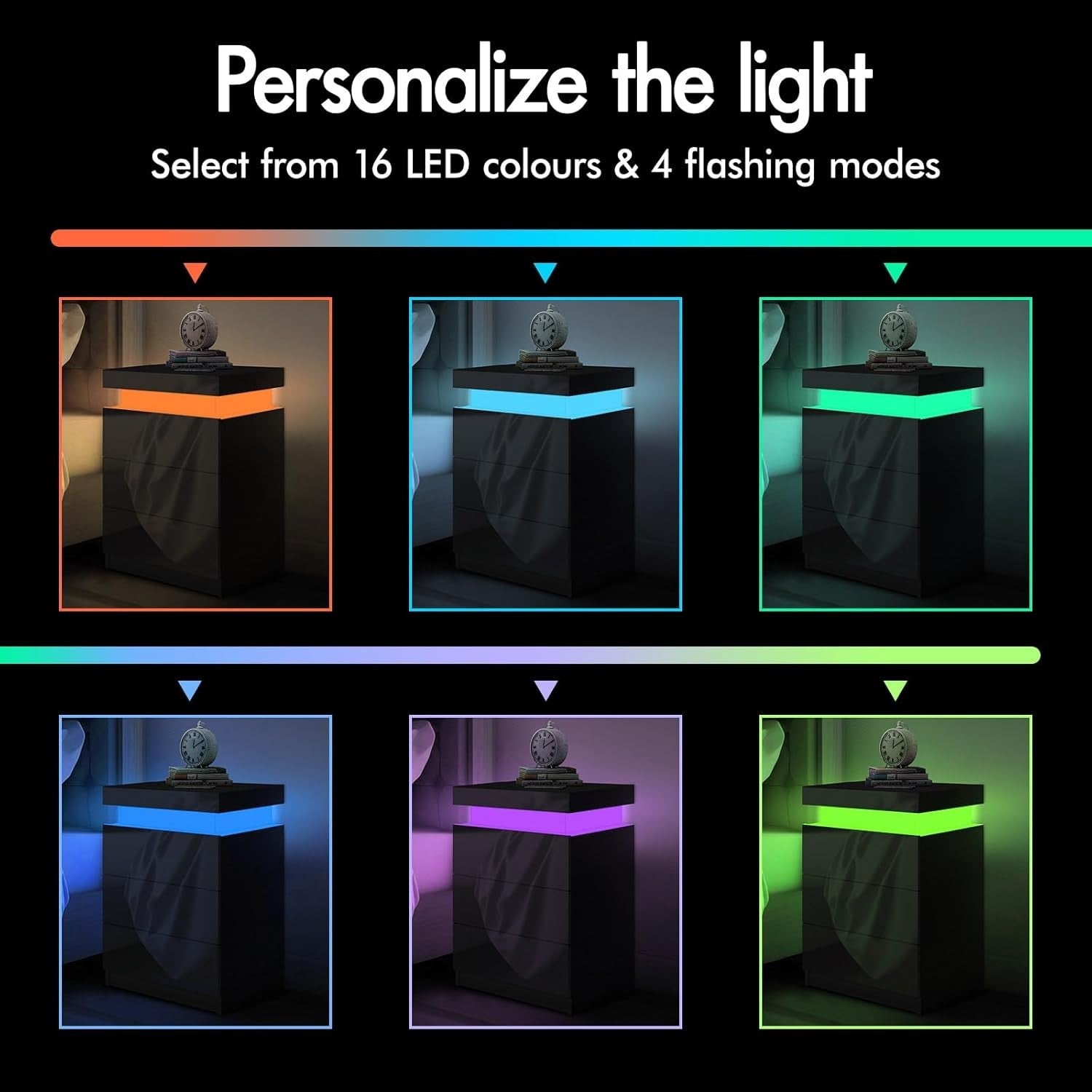 LED Bedside Table with 3 Drawers & RGB Lights | Modern Black - Kwikley