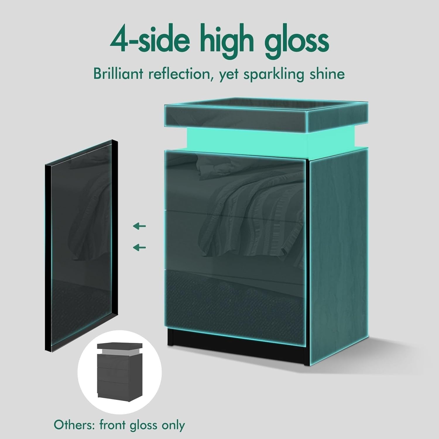 LED Bedside Table with 3 Drawers & RGB Lights | Modern Black - Kwikley