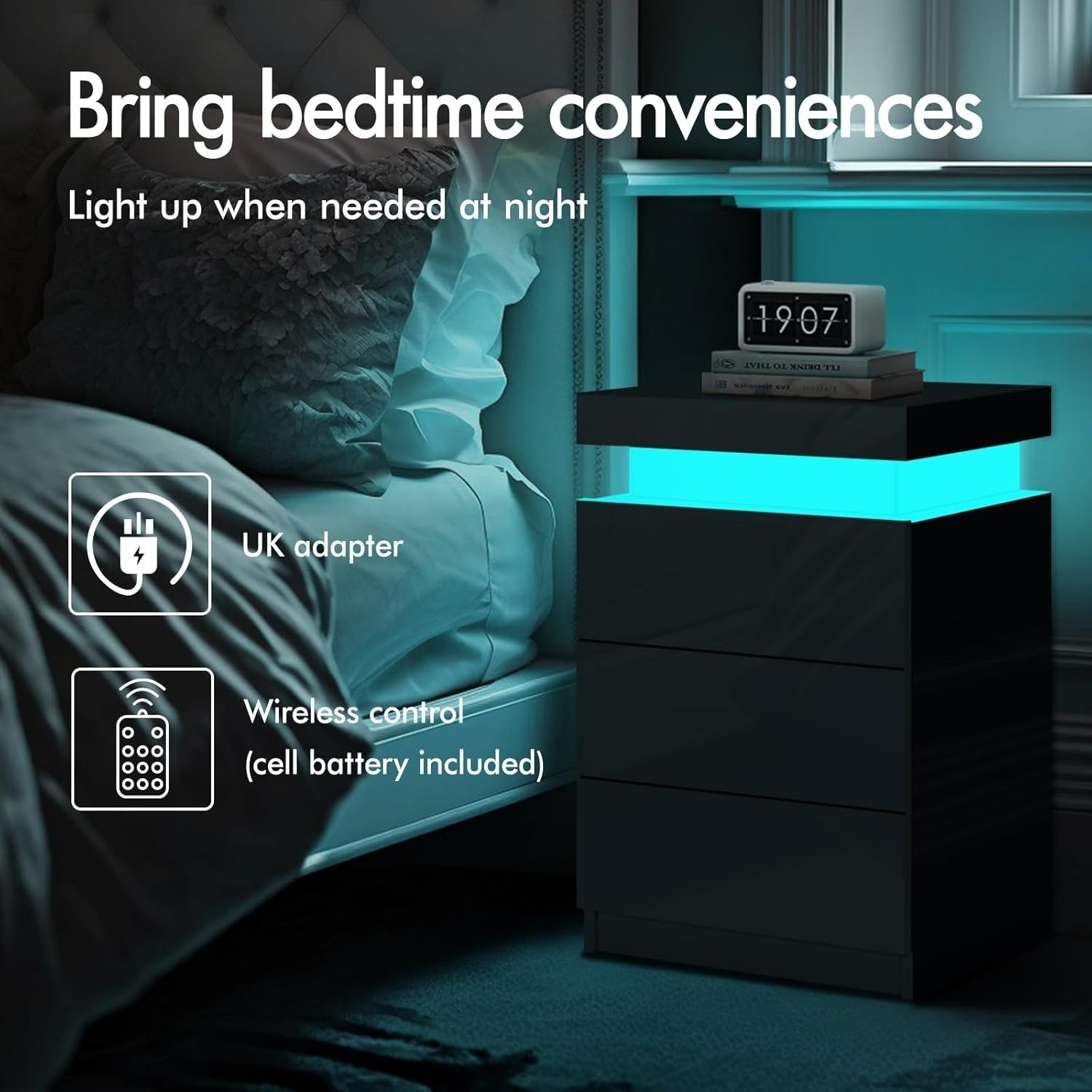 LED Bedside Table with 3 Drawers & RGB Lights | Modern Black - Kwikley