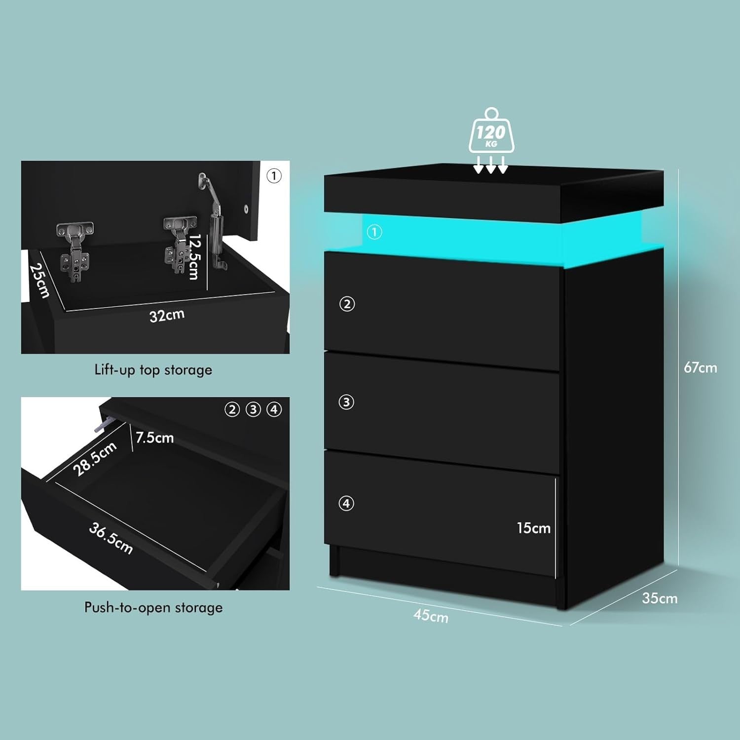 LED Bedside Table with 3 Drawers & RGB Lights | Modern Black - Kwikley