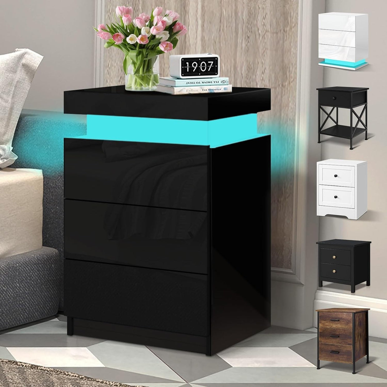 LED Bedside Table with 3 Drawers & RGB Lights | Modern Black - Kwikley