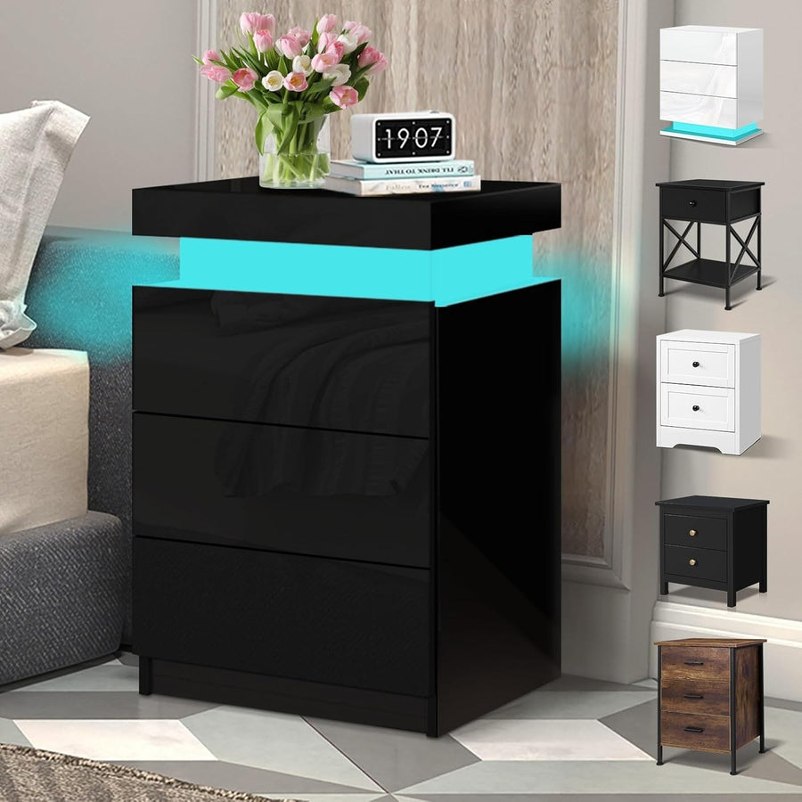 LED Bedside Table with 3 Drawers & RGB Lights | Modern Black - Kwikley