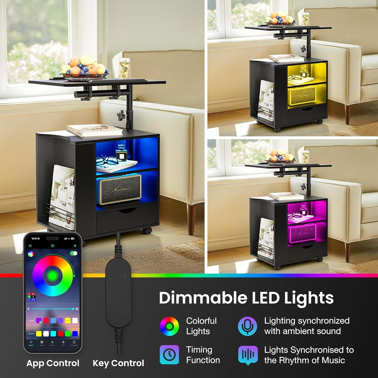 LED Bedside Table with Adjustable Laptop Stand – Smart Black Nightstand - Kwikley