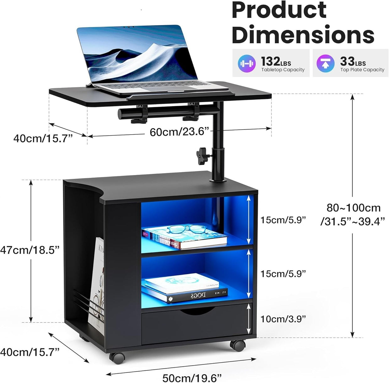 LED Bedside Table with Adjustable Laptop Stand – Smart Black Nightstand - Kwikley