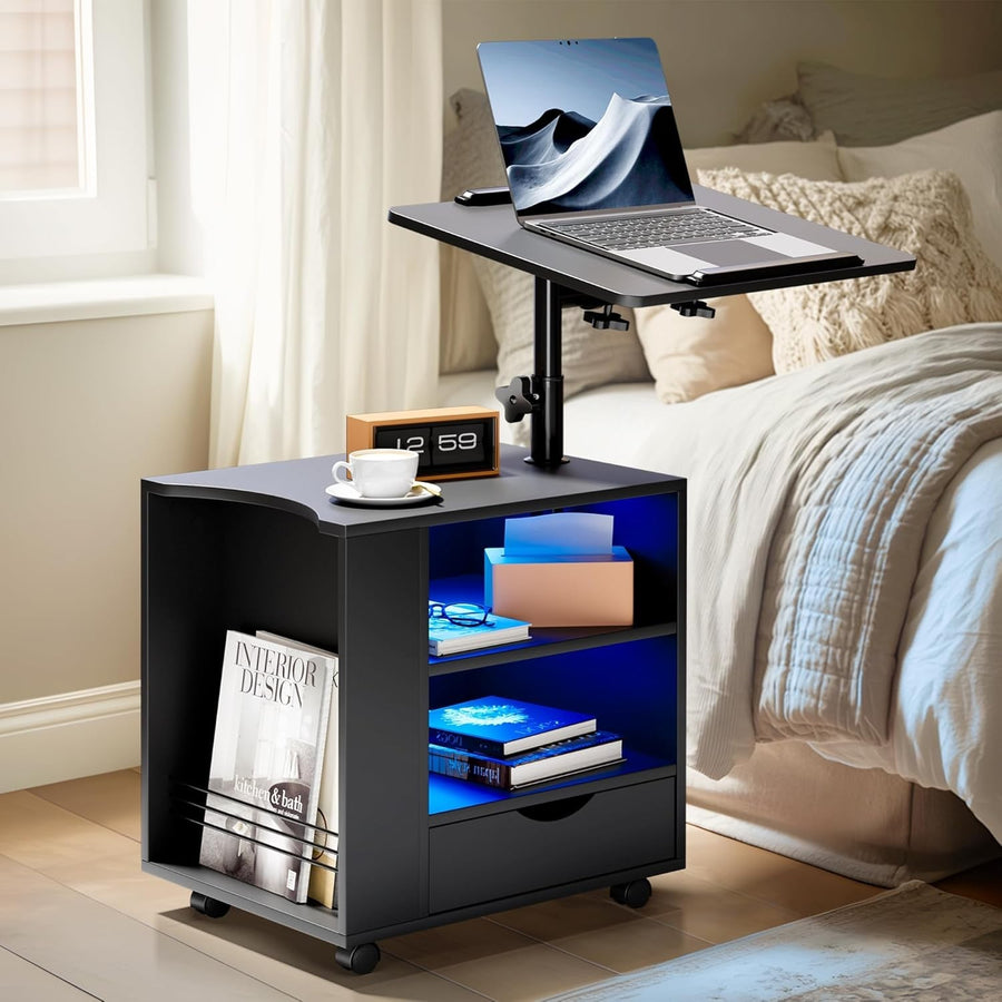 LED Bedside Table with Adjustable Laptop Stand – Smart Black Nightstand - Kwikley