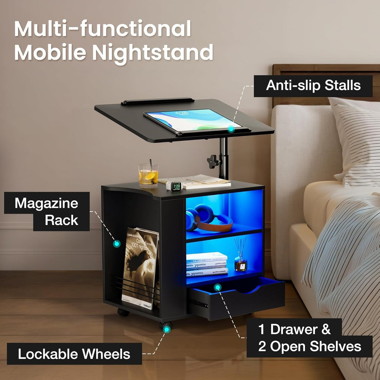 LED Bedside Table with Adjustable Laptop Stand – Smart Black Nightstand - Kwikley