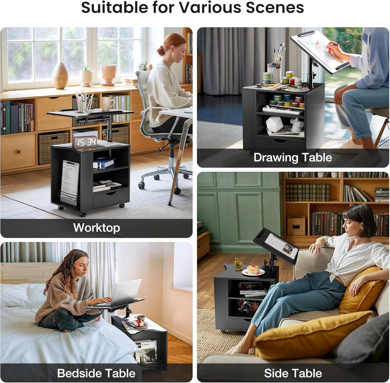 LED Bedside Table with Adjustable Laptop Stand – Smart Black Nightstand - Kwikley