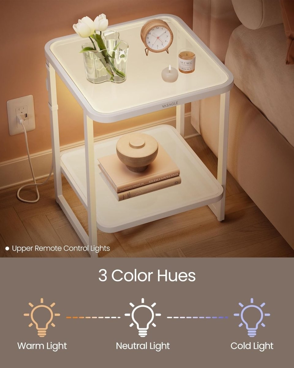 LED Bedside Table with Frosted Glass Shelves, 2 - Tier Modern White End Table - Kwikley
