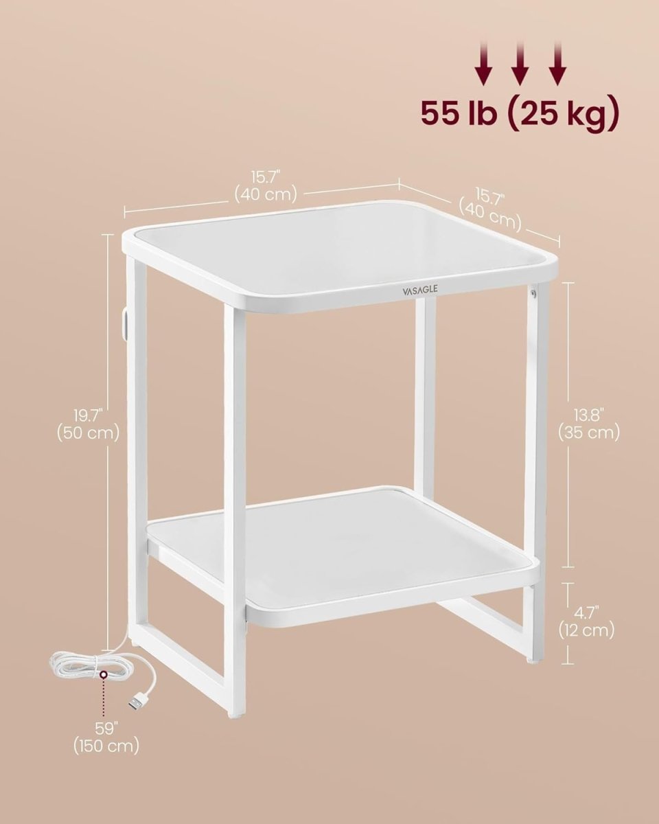 LED Bedside Table with Frosted Glass Shelves, 2 - Tier Modern White End Table - Kwikley