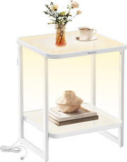 LED Bedside Table with Frosted Glass Shelves, 2 - Tier Modern White End Table - Kwikley