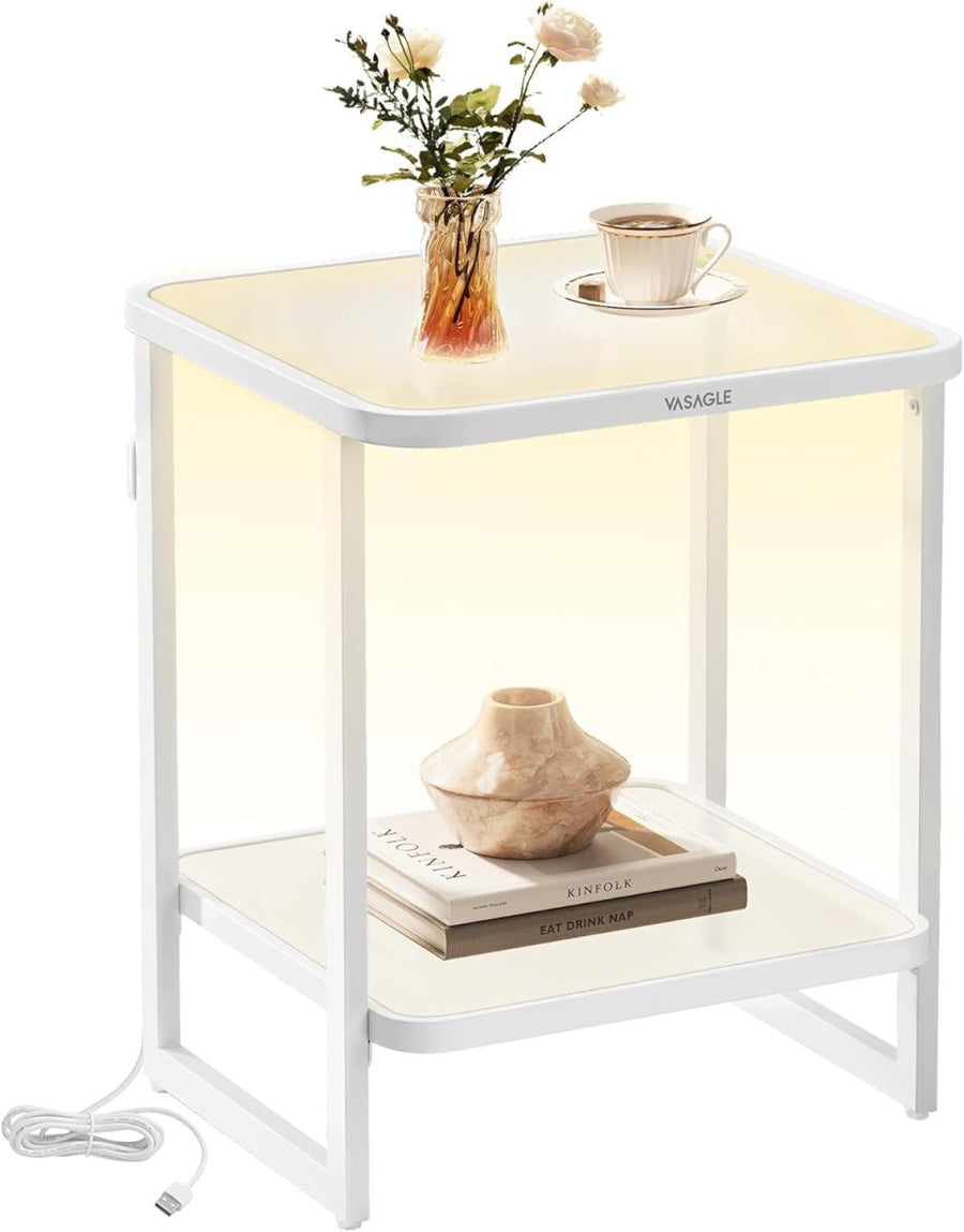 LED Bedside Table with Frosted Glass Shelves, 2 - Tier Modern White End Table - Kwikley