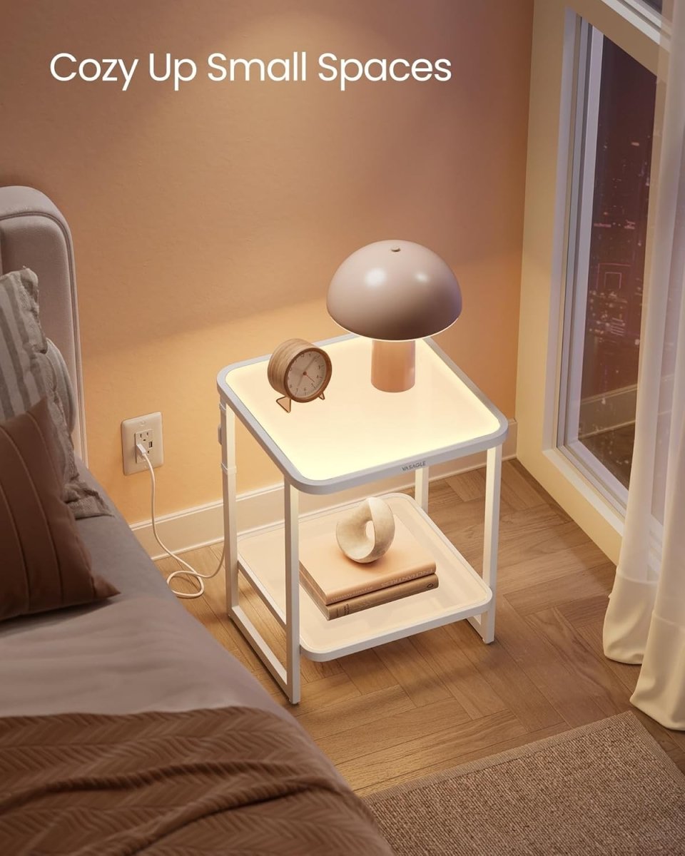 LED Bedside Table with Frosted Glass Shelves, 2 - Tier Modern White End Table - Kwikley