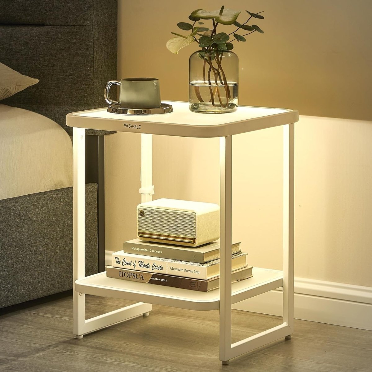 LED Bedside Table with Frosted Glass Shelves, 2 - Tier Modern White End Table - Kwikley