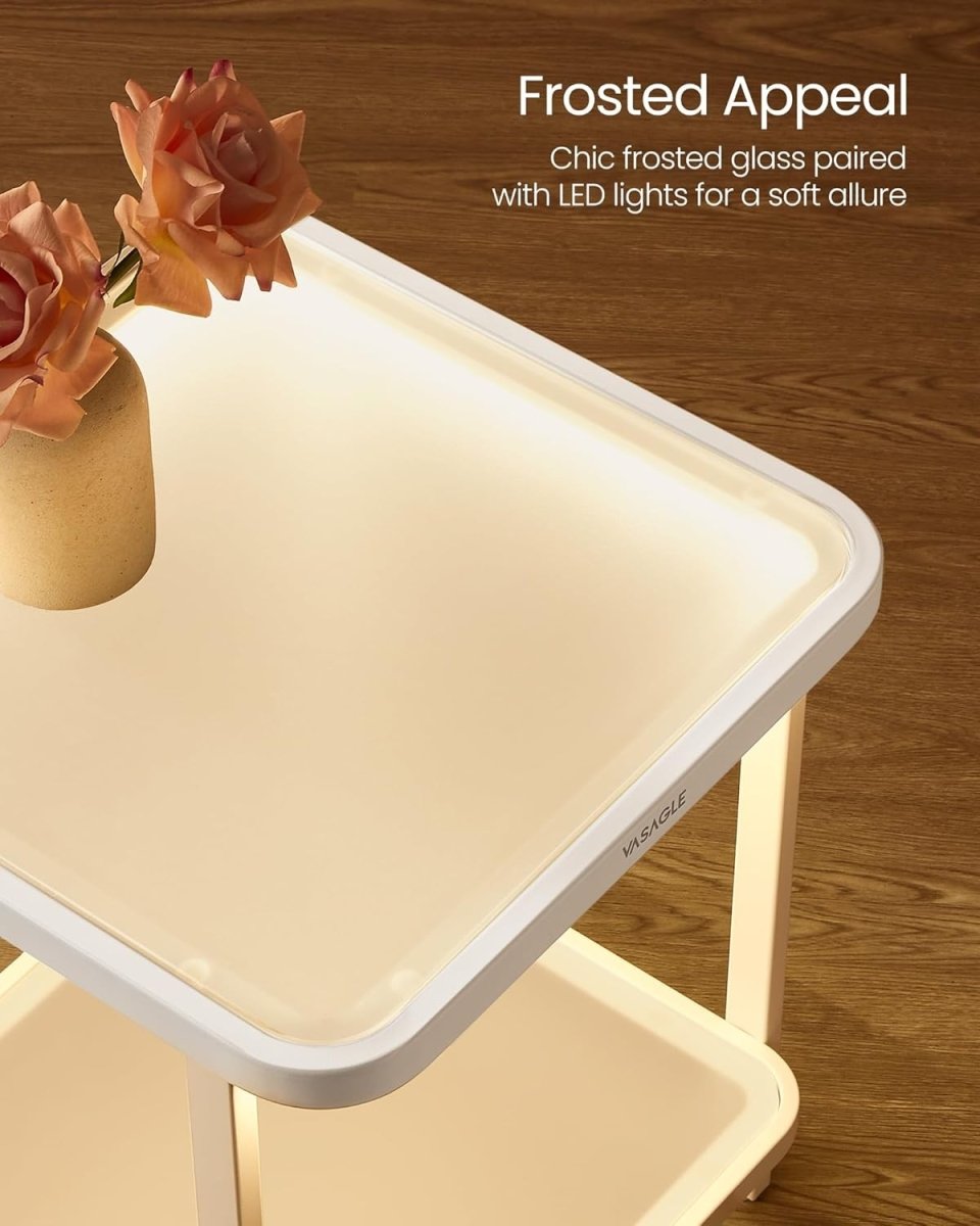 LED Bedside Table with Frosted Glass Shelves, 2 - Tier Modern White End Table - Kwikley
