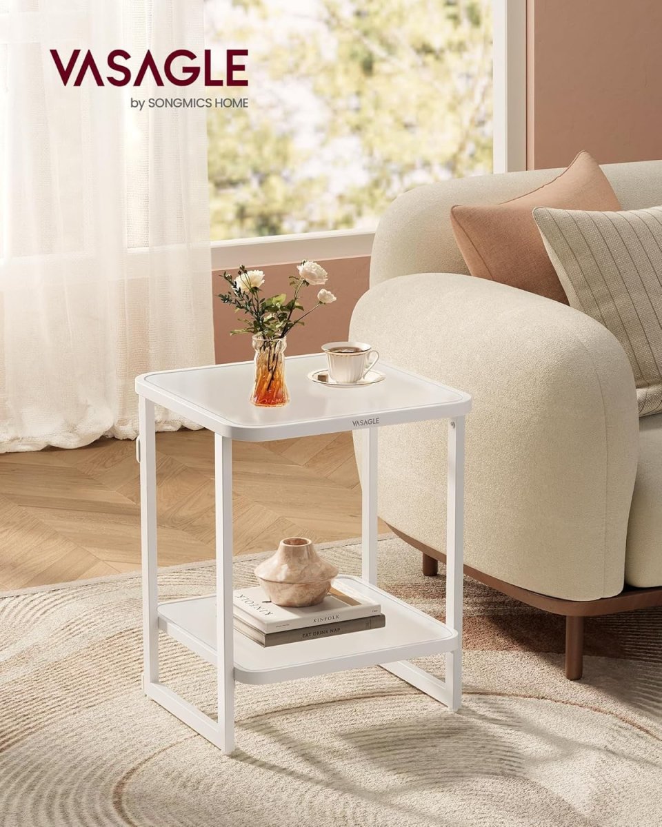 LED Bedside Table with Frosted Glass Shelves, 2 - Tier Modern White End Table - Kwikley