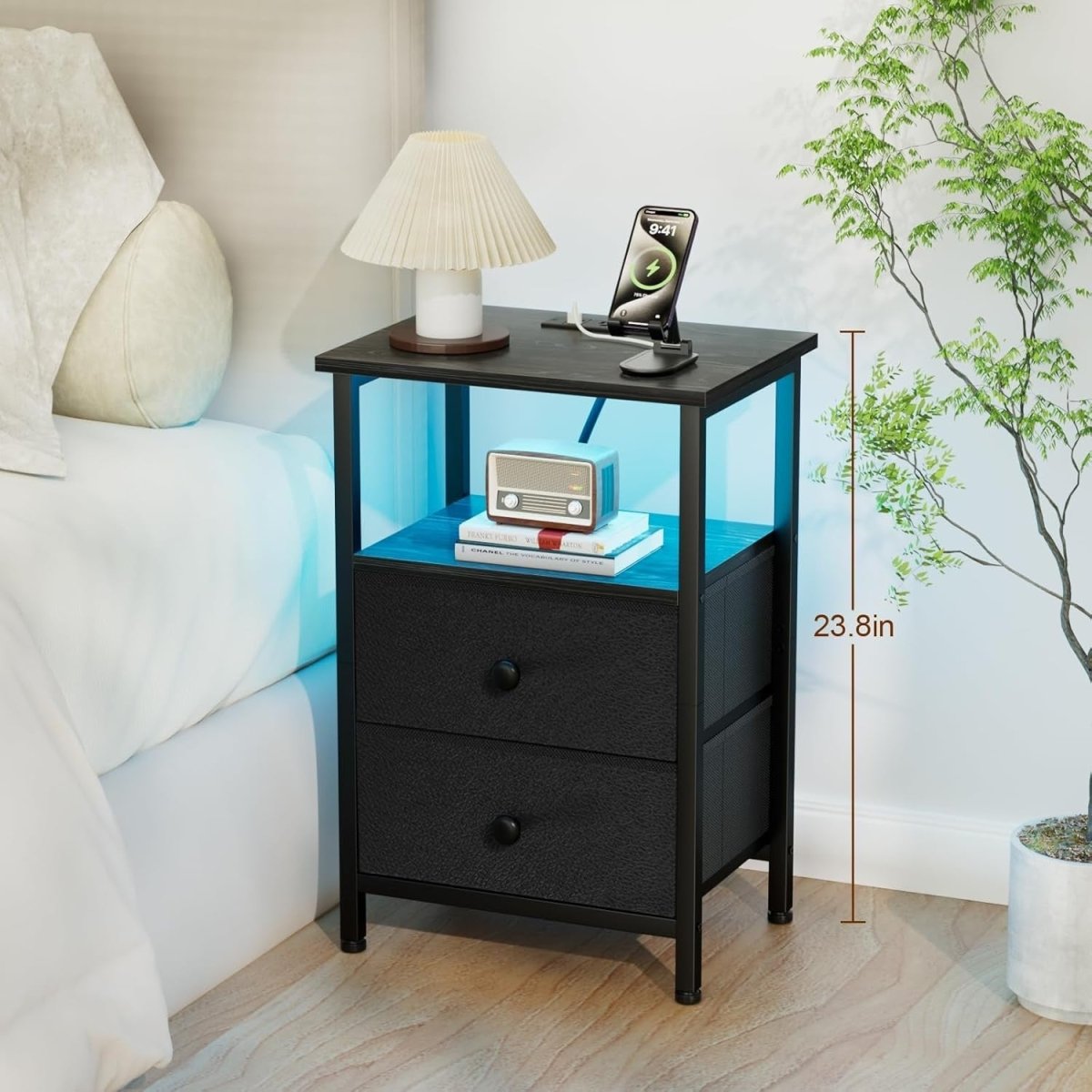 LED Bedside Table with USB Charging, 2 Drawers & Shelf Small Nightstand - Kwikley