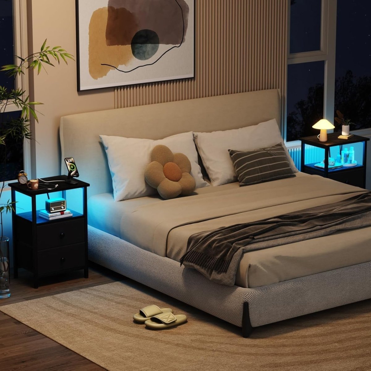 LED Bedside Table with USB Charging, 2 Drawers & Shelf Small Nightstand - Kwikley