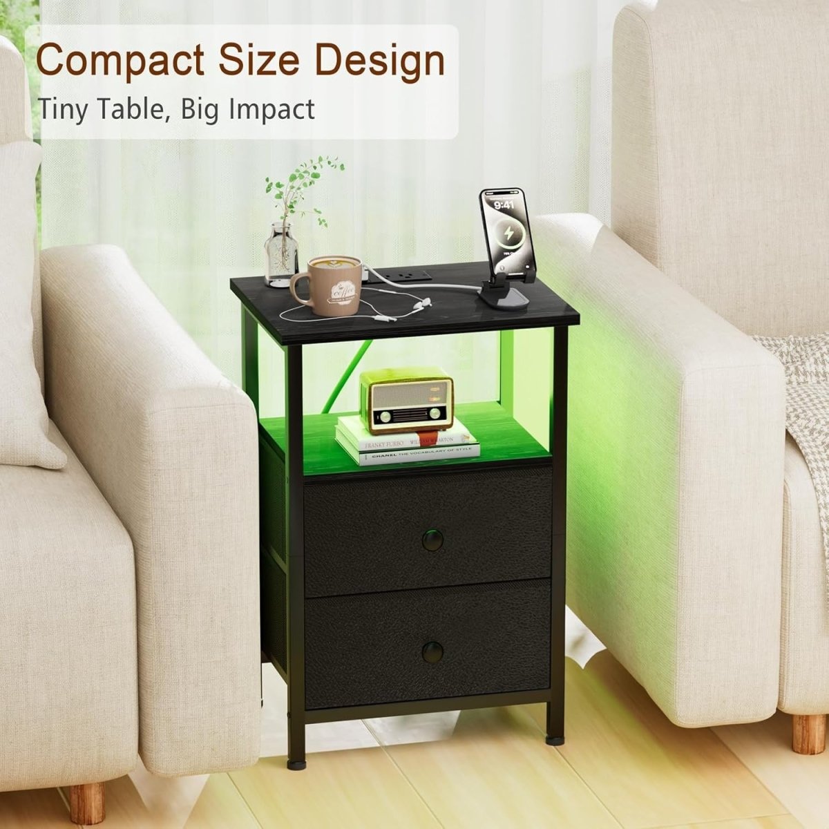 LED Bedside Table with USB Charging, 2 Drawers & Shelf Small Nightstand - Kwikley