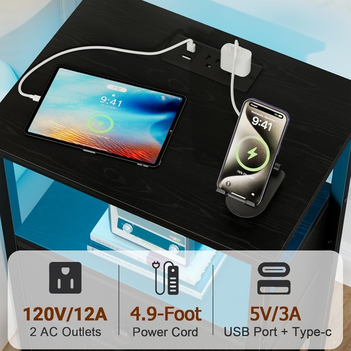 LED Bedside Table with USB Charging, 2 Drawers & Shelf Small Nightstand - Kwikley
