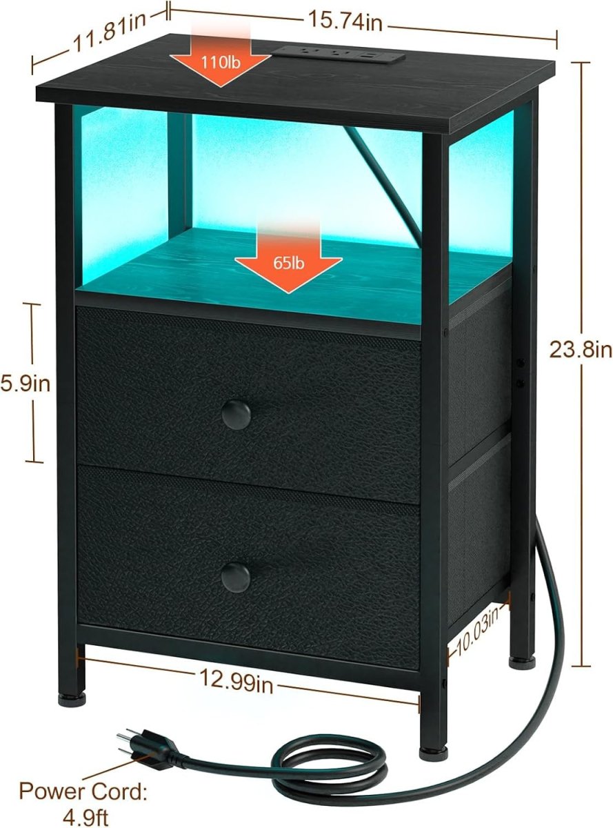 LED Bedside Table with USB Charging, 2 Drawers & Shelf Small Nightstand - Kwikley