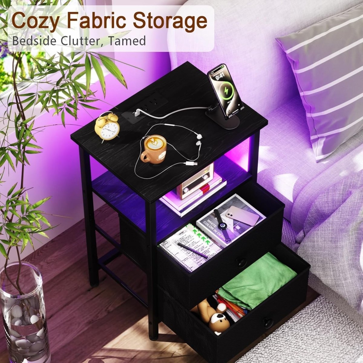 LED Bedside Table with USB Charging, 2 Drawers & Shelf Small Nightstand - Kwikley