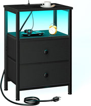 LED Bedside Table with USB Charging, 2 Drawers & Shelf Small Nightstand - Kwikley