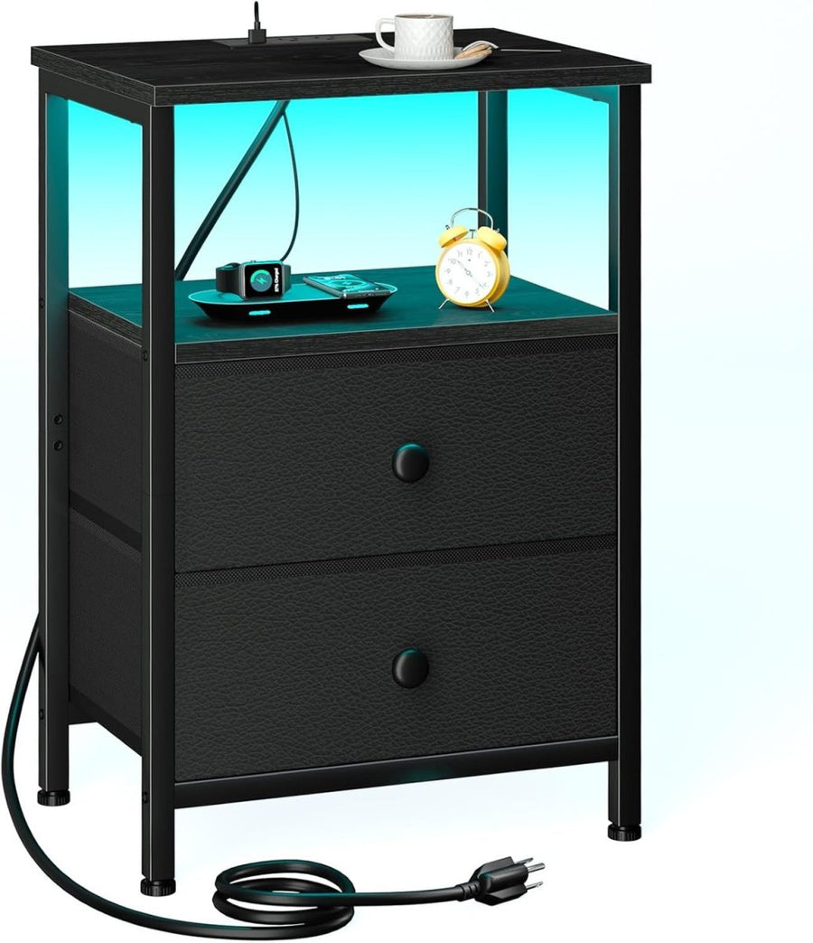 LED Bedside Table with USB Charging, 2 Drawers & Shelf Small Nightstand - Kwikley