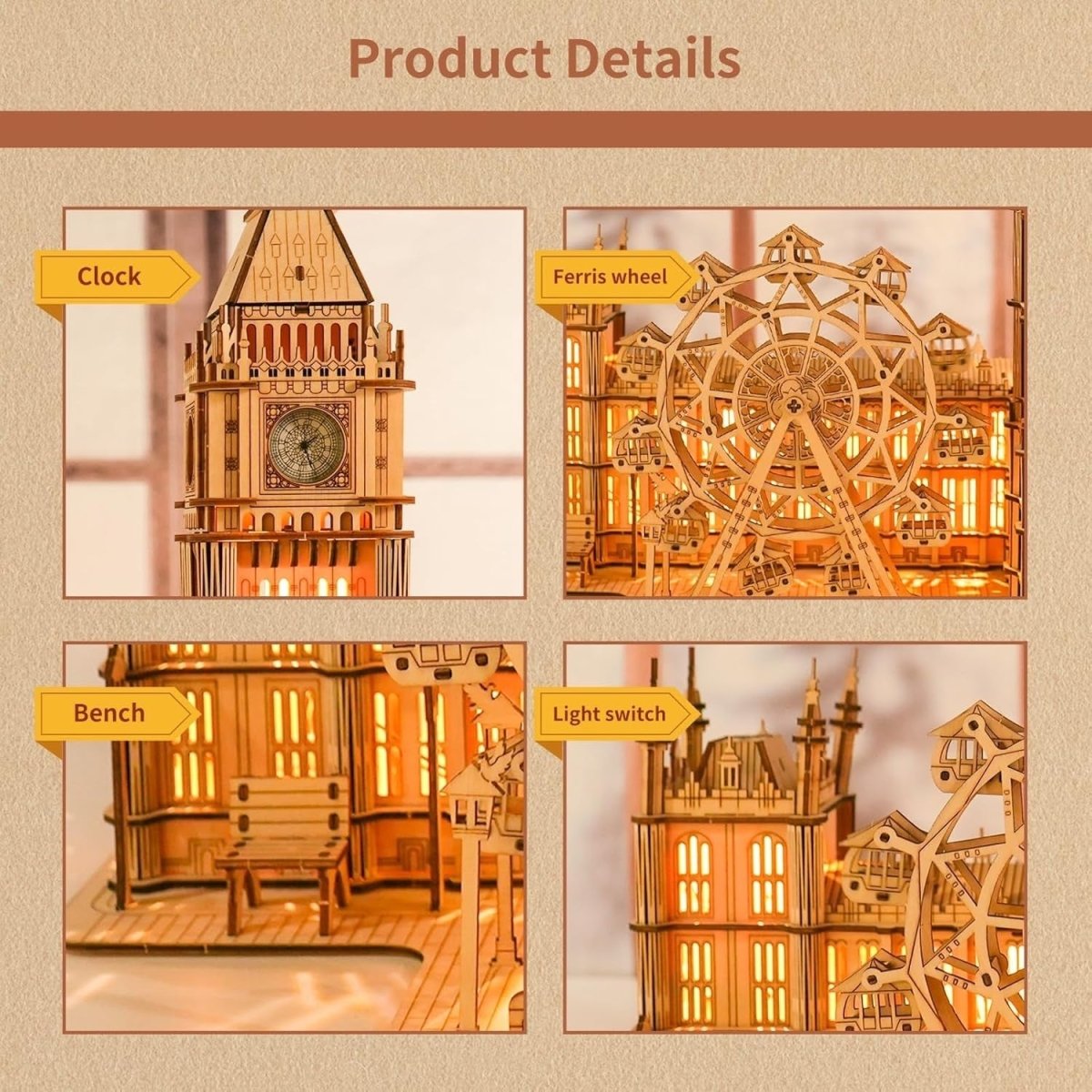 LED Big Ben Clock 3D Wooden Puzzle Ferris Wheel Model Kit Gift - Kwikley