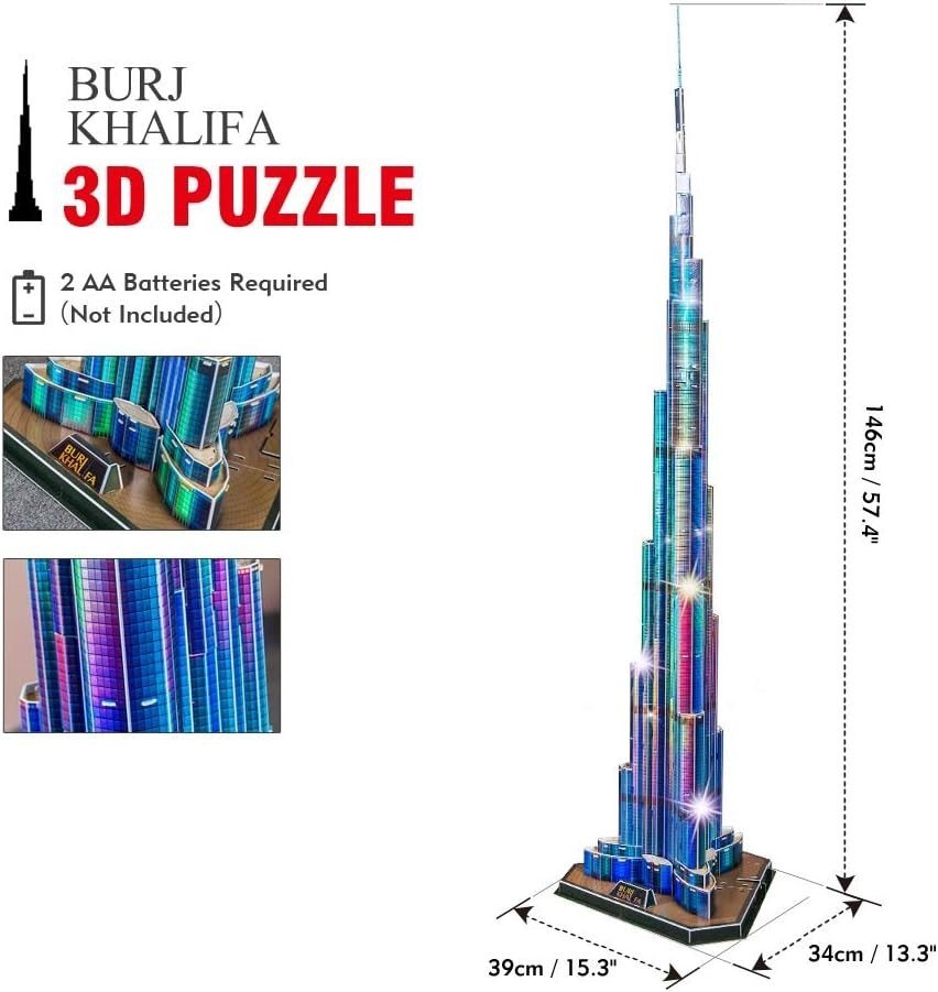 LED Burj Khalifa 3D Puzzle 136 Piece Dubai Tower Model Kit 146cm - Kwikley
