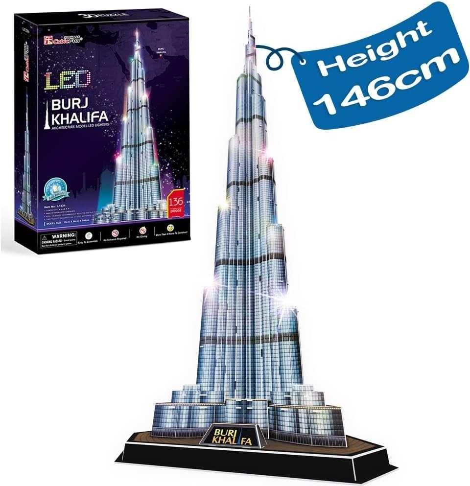 LED Burj Khalifa 3D Puzzle 136 Piece Dubai Tower Model Kit 146cm - Kwikley