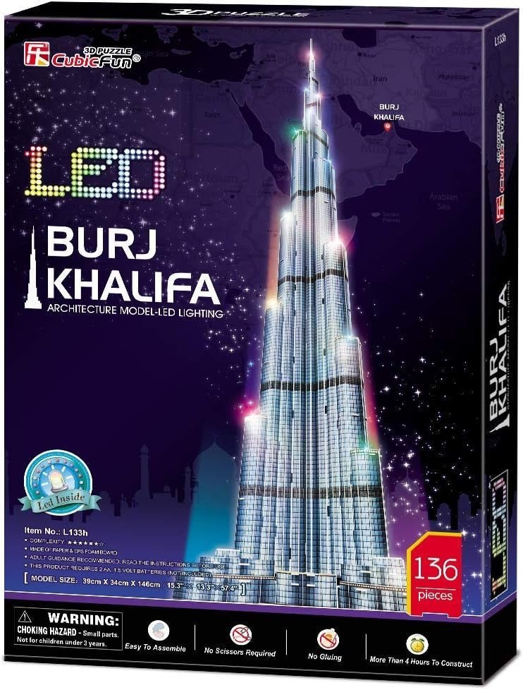 LED Burj Khalifa 3D Puzzle 136 Piece Dubai Tower Model Kit 146cm - Kwikley