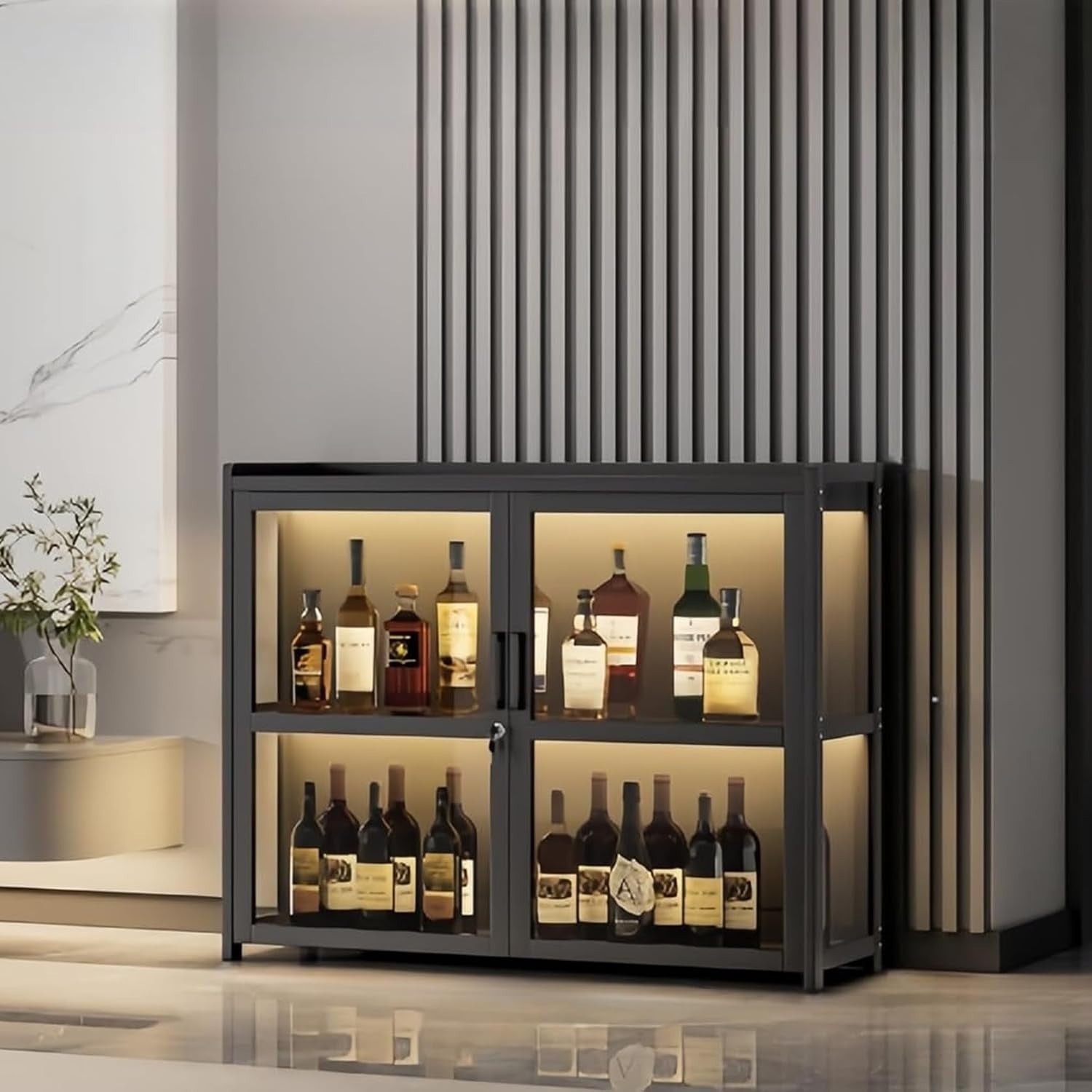 LED Drinks Cabinet with Lock Modern Wine Bar Sideboard Display Storage Unit - Kwikley