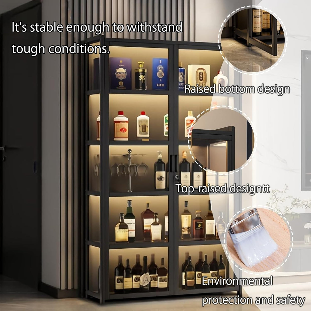 LED Drinks Cabinet with Lock Modern Wine Bar Sideboard Display Storage Unit - Kwikley