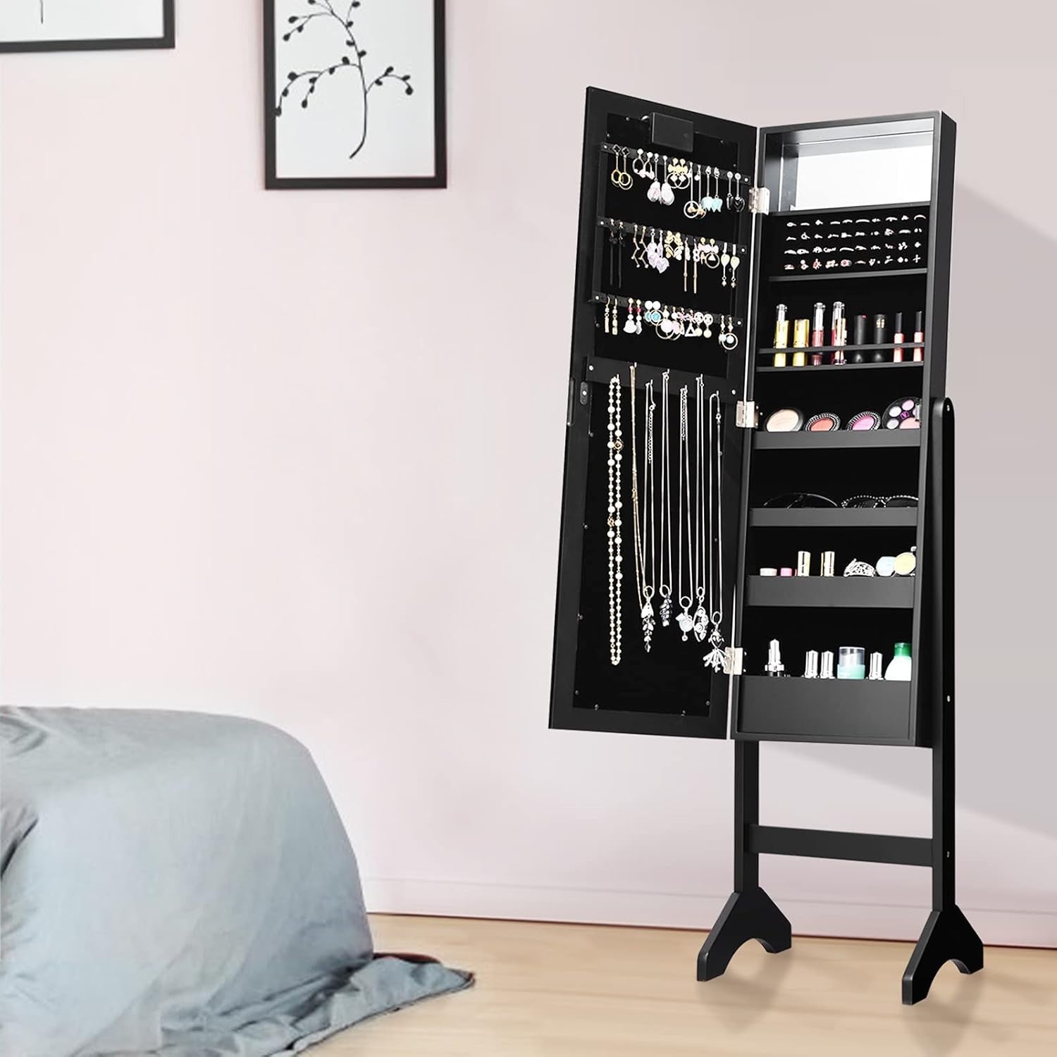 LED Full Length Mirror Jewelry Cabinet Adjustable Floor Standing Storage - Kwikley