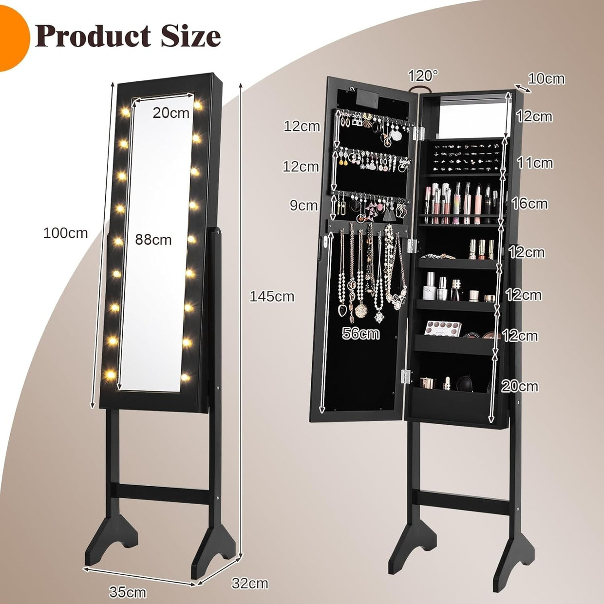 LED Full Length Mirror Jewelry Cabinet Adjustable Floor Standing Storage - Kwikley