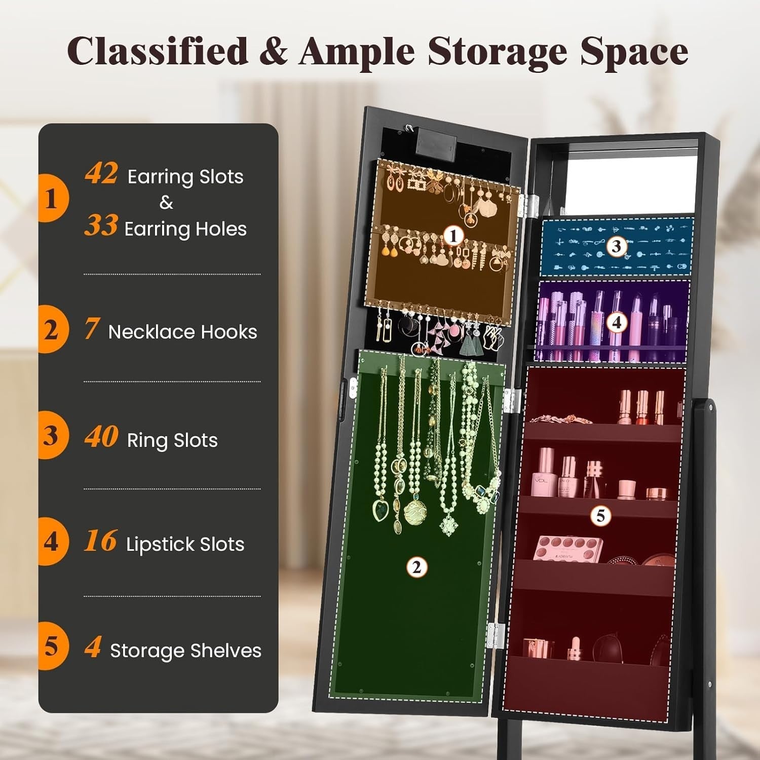 LED Full Length Mirror Jewelry Cabinet Adjustable Floor Standing Storage - Kwikley