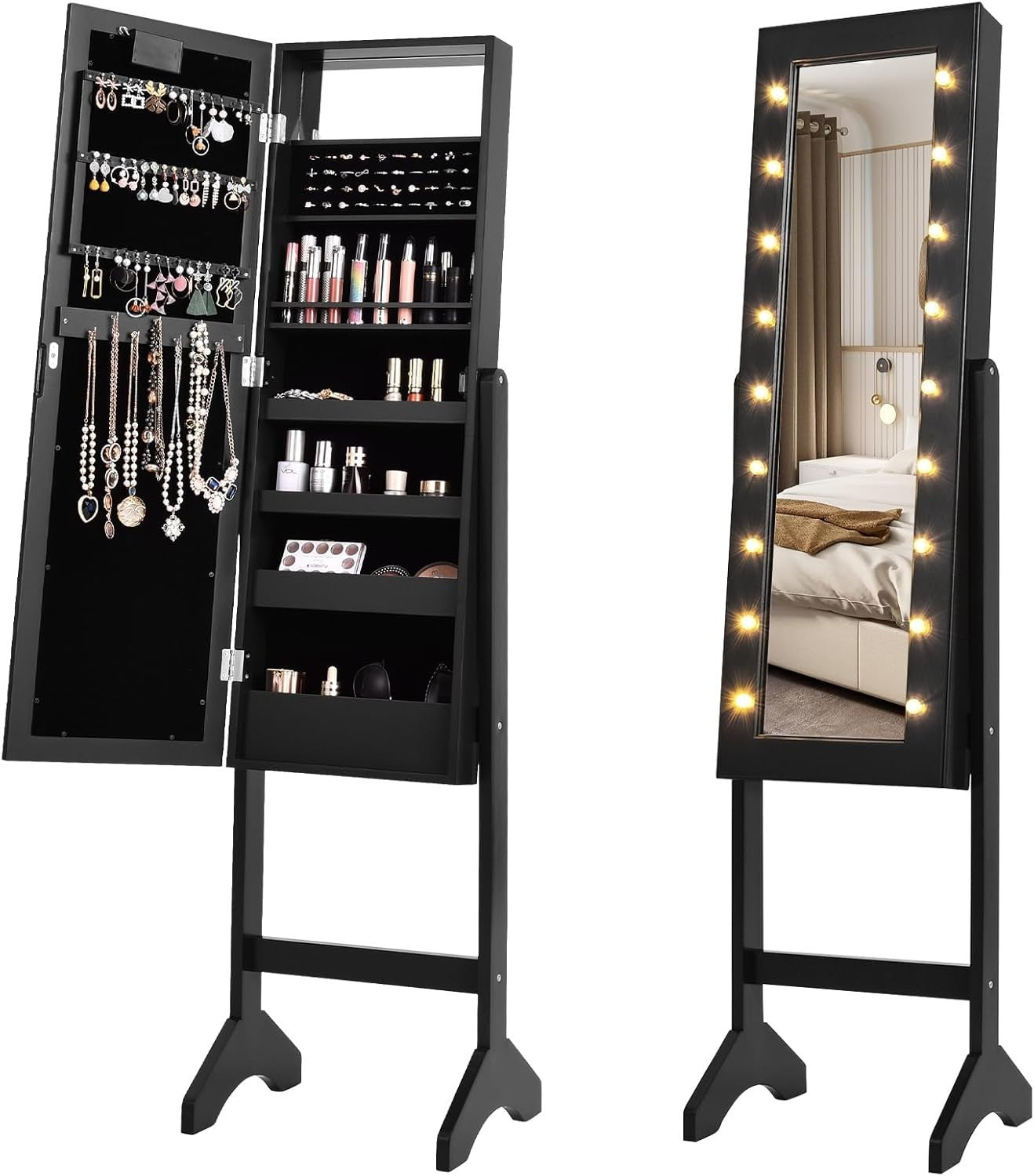 LED Full Length Mirror Jewelry Cabinet Adjustable Floor Standing Storage - Kwikley